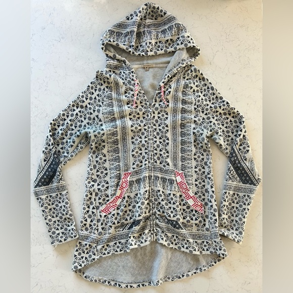 Anama Navy Blue & White Geometric Print High Low Hem Zip Up Hoodie - Picture 7 of 16